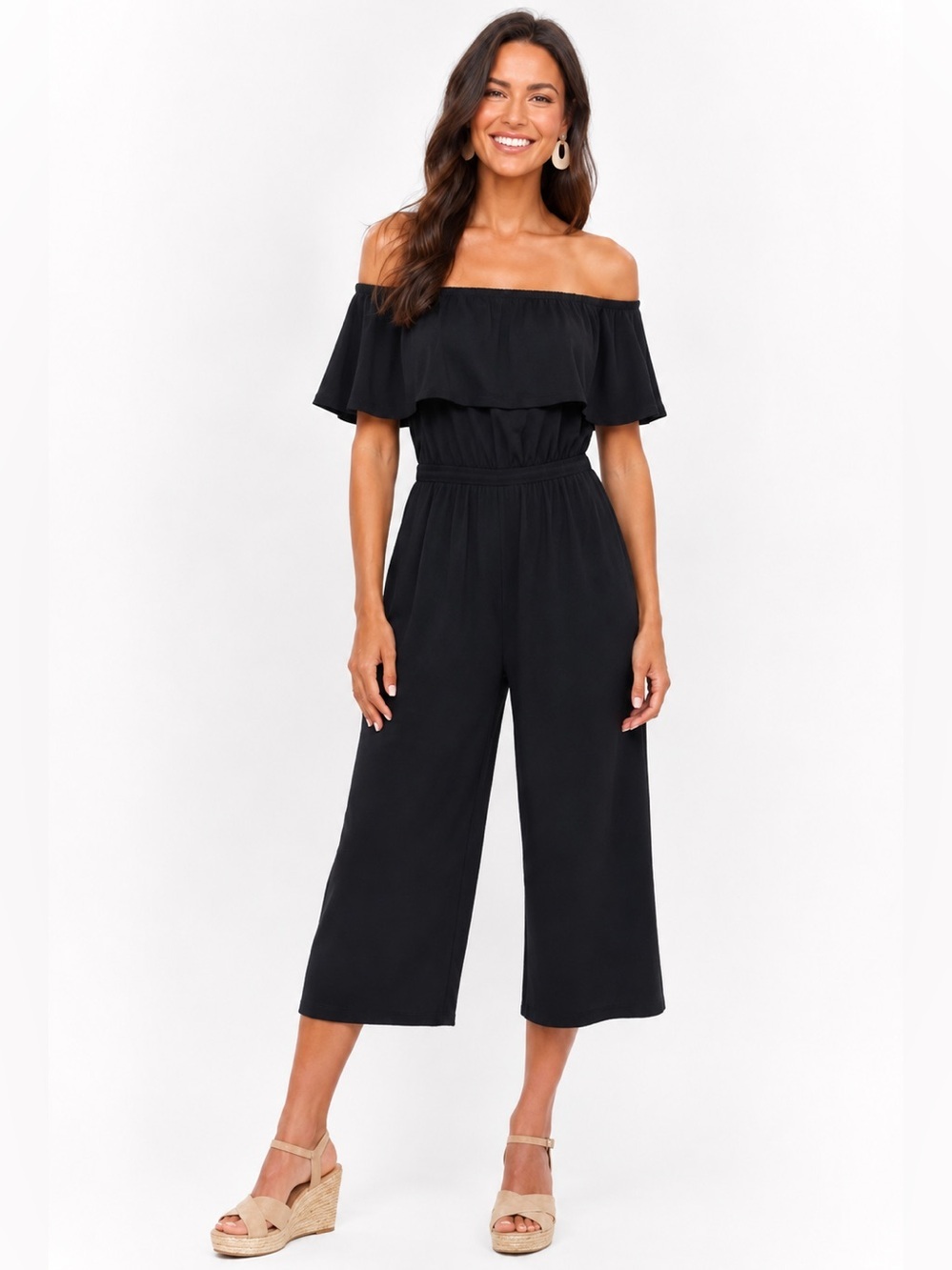 Soft Surroundings Black Off Shoulder Wide Leg Modal Jumpsuit Size S Resortwear